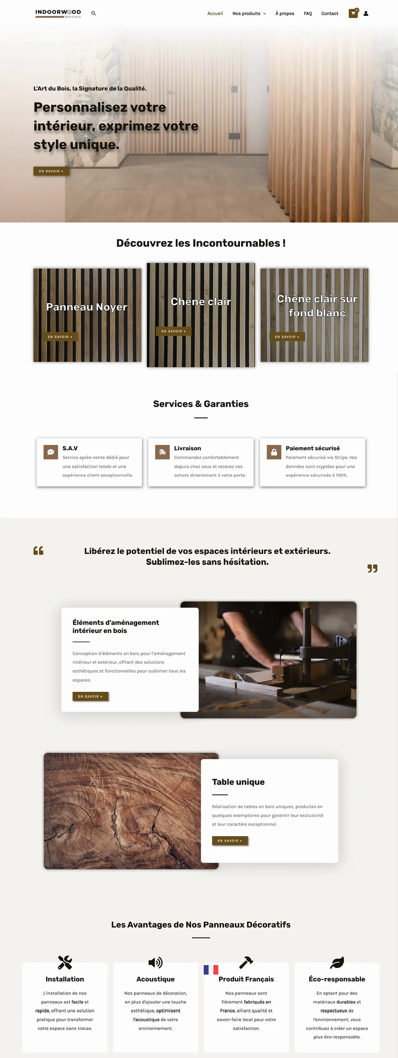 Page d'accueil de la boutique en ligne Indoor Wood sur ordinateur
