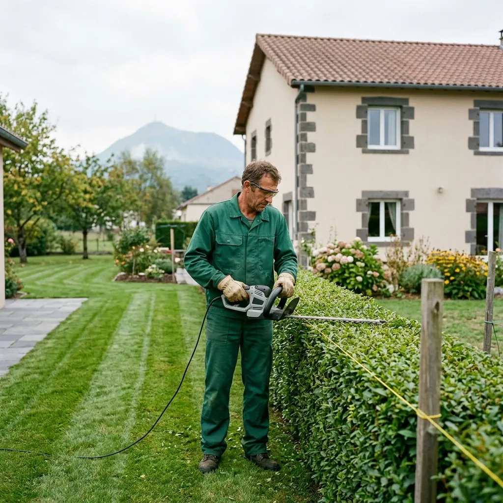 Jardinier taillant une haie bien droite le long d'un cordeau tendu, devant une maison de Chamalières
