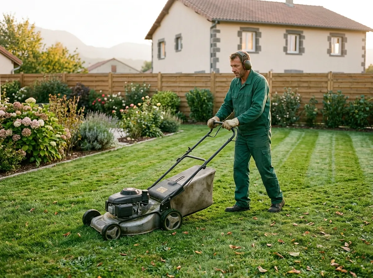 Jardinier tondant une pelouse en bandes régulières