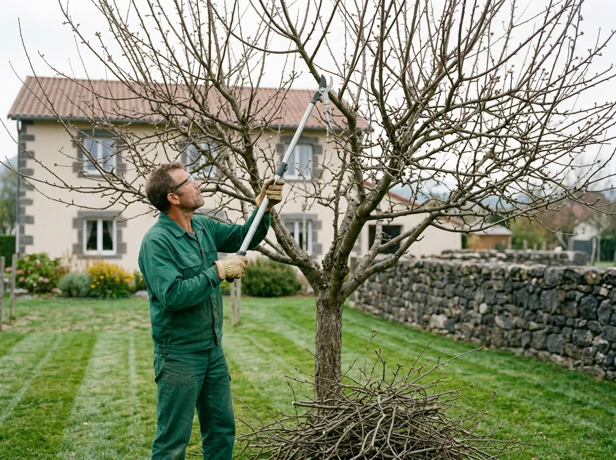 Taille d'un arbre fruitier au sécateur à long manche