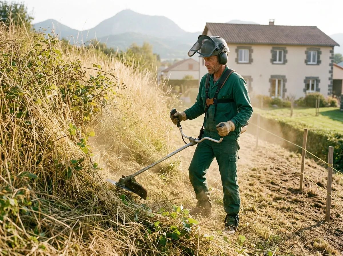 Débroussaillage d'un terrain en friche à la débroussailleuse