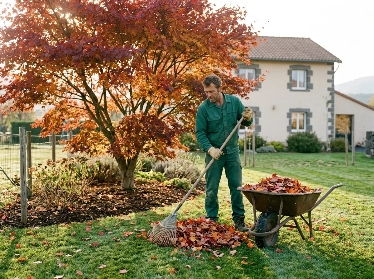 Ramassage des feuilles mortes et nettoyage d'un massif à l'automne