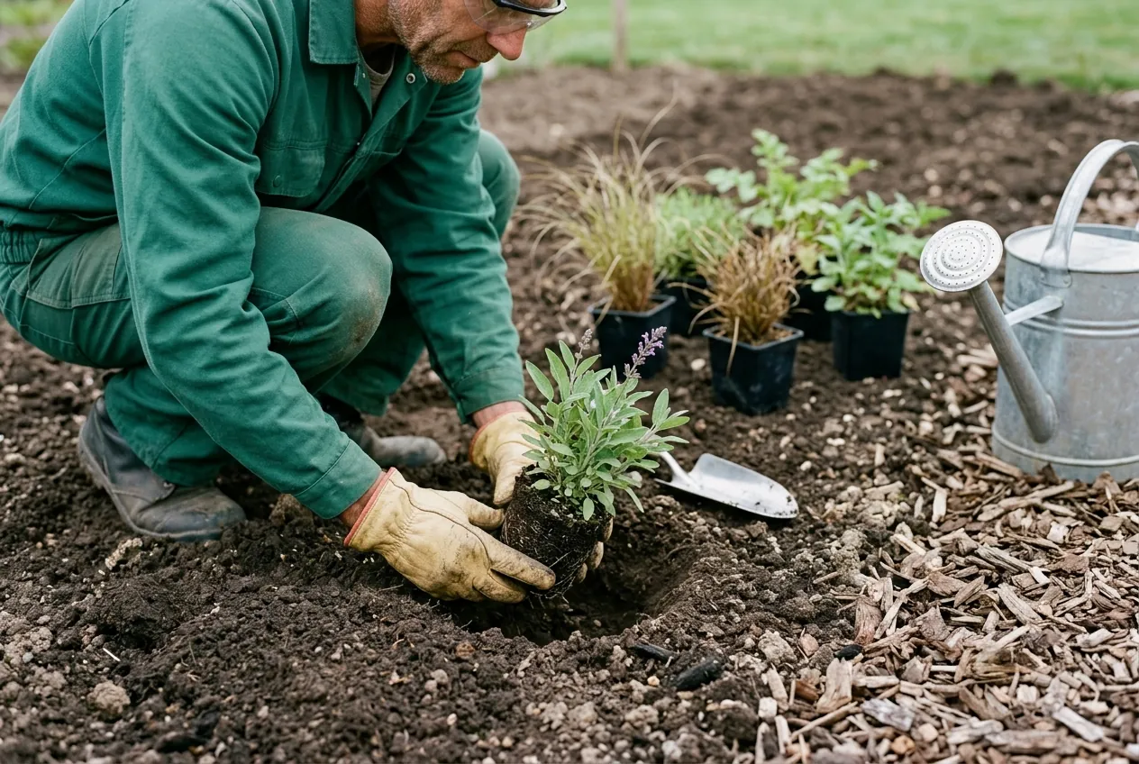 Plantation de vivaces et d'un arbuste dans un massif préparé