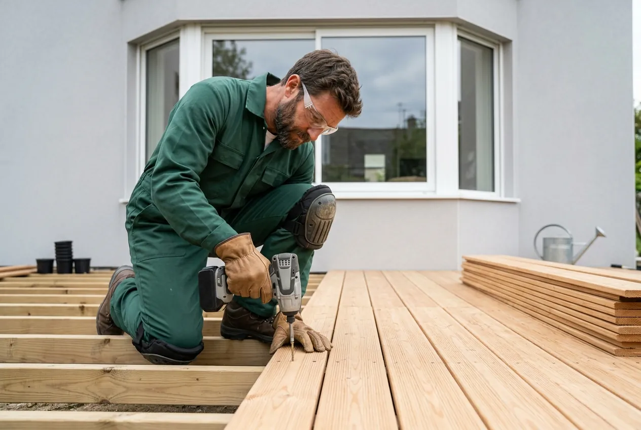 Pose des lames d'une terrasse en bois