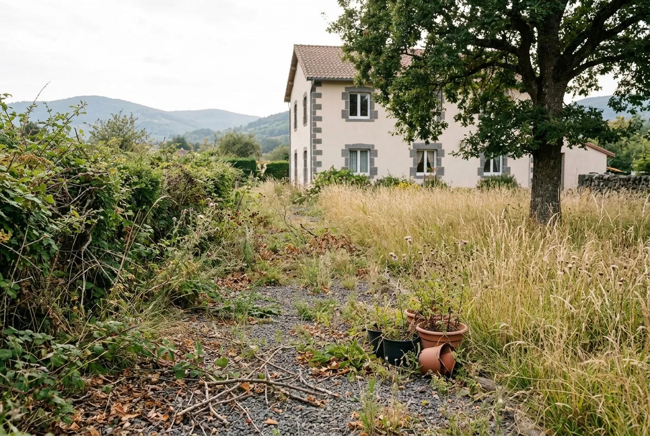 Le jardin avant les travaux : herbes hautes, haie débordante, massifs envahis
