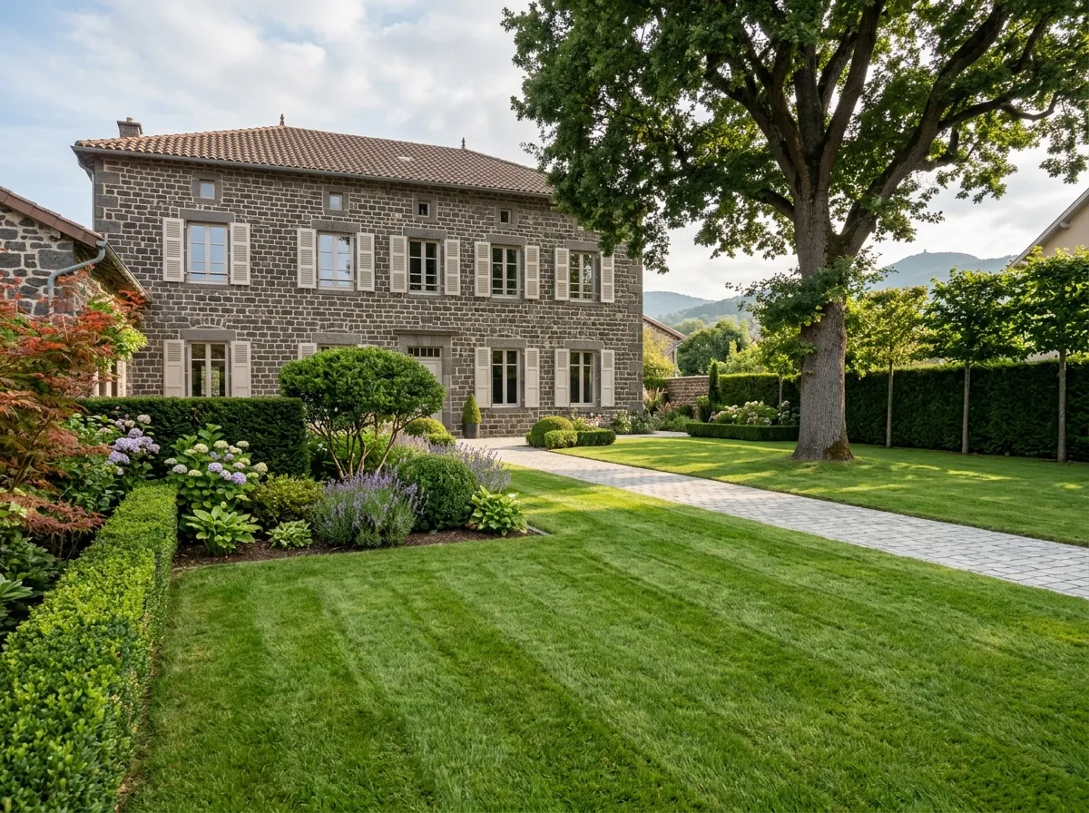 Jardin de maison en pierre de Volvic entretenu toute l'année à Chamalières