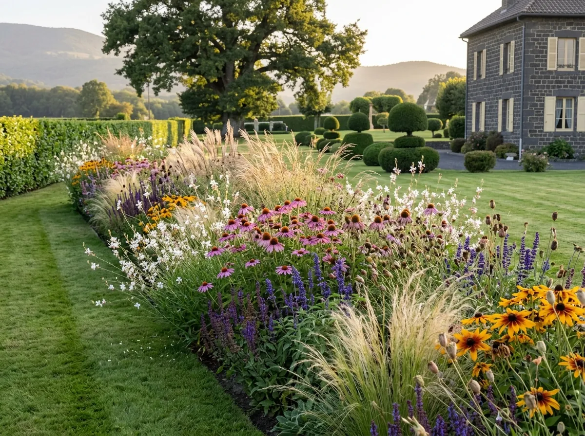 Massif de vivaces et de graminées fleuri à Beaumont