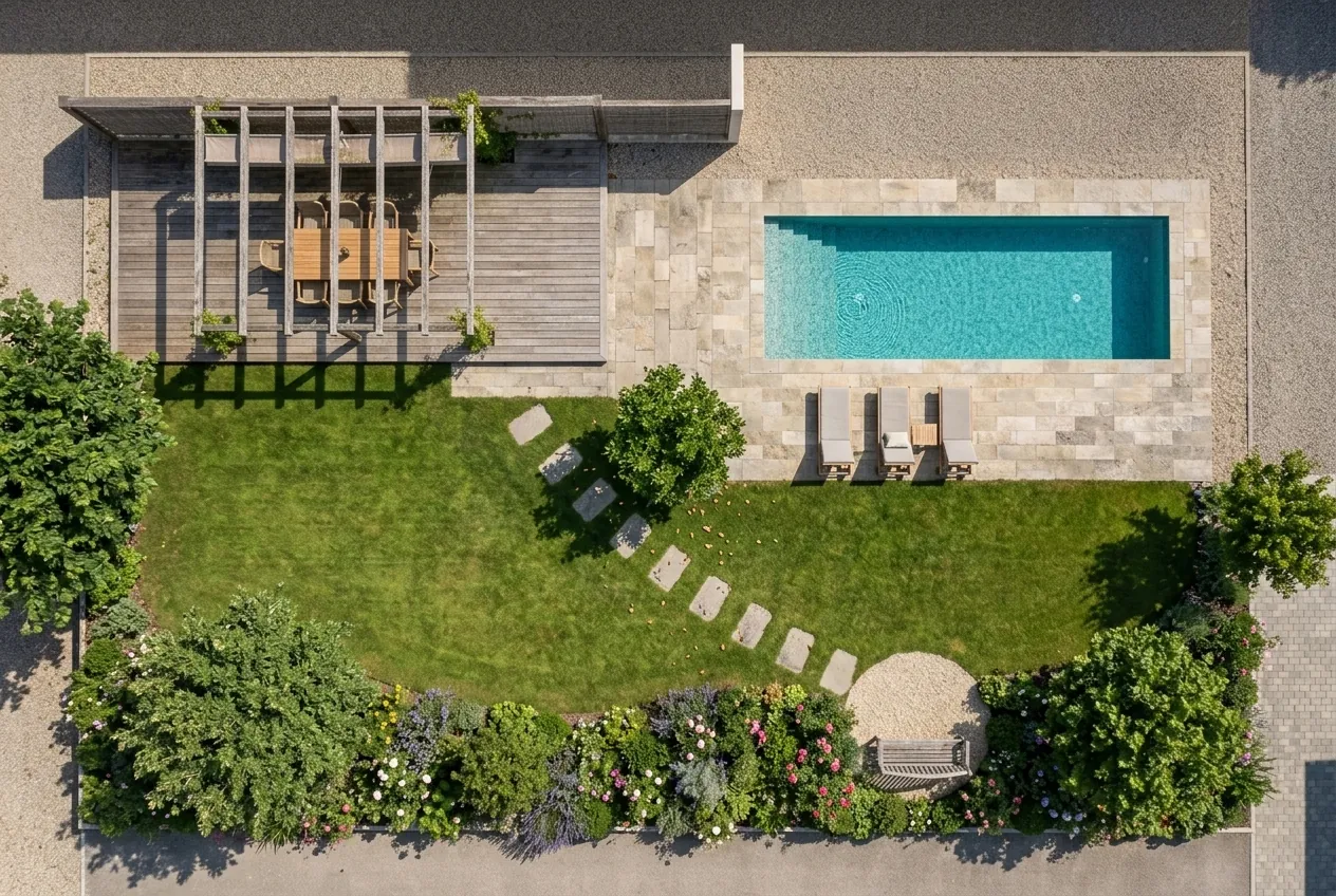 Vue aérienne du jardin des Sorbiers réalisé, conforme au plan