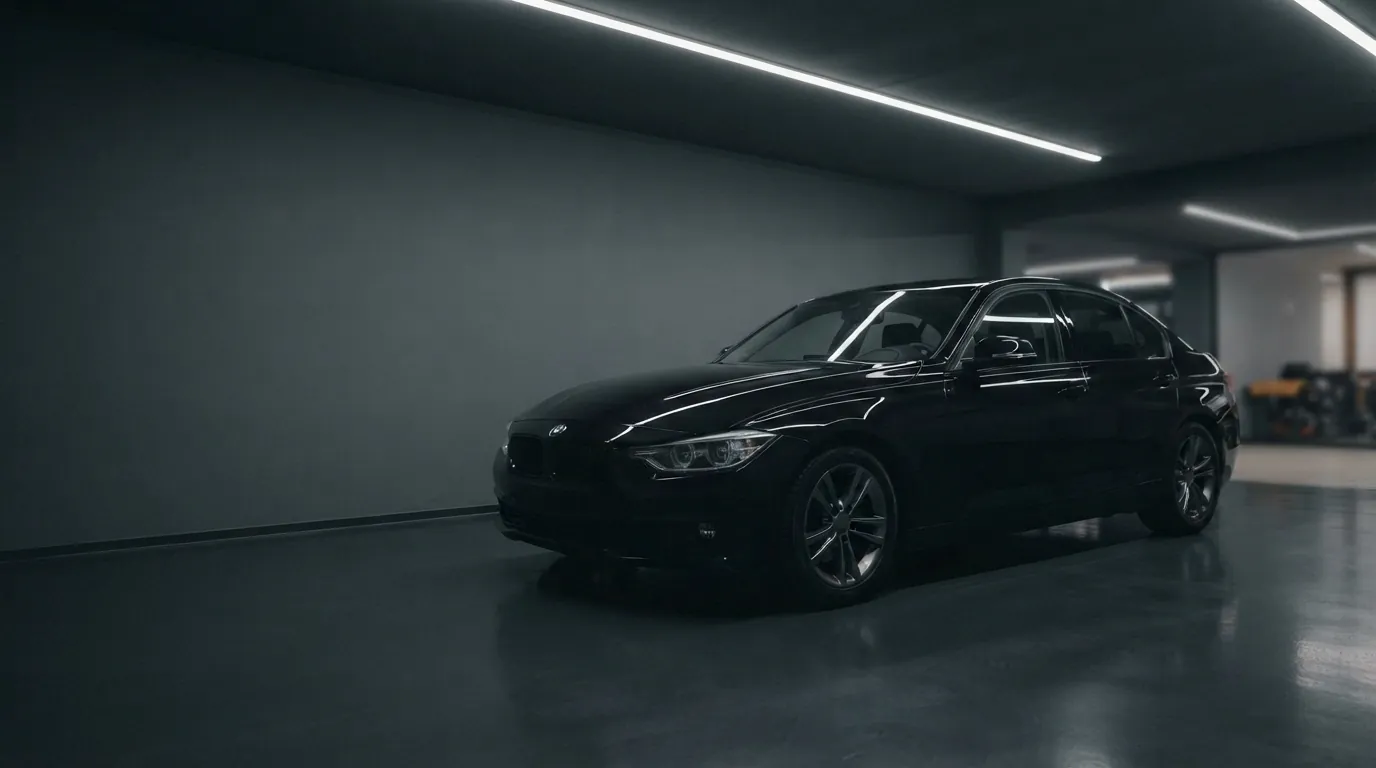 Berline noire fraîchement traitée dans le studio LUSTRE, reflet net de la rampe de LED sur la carrosserie