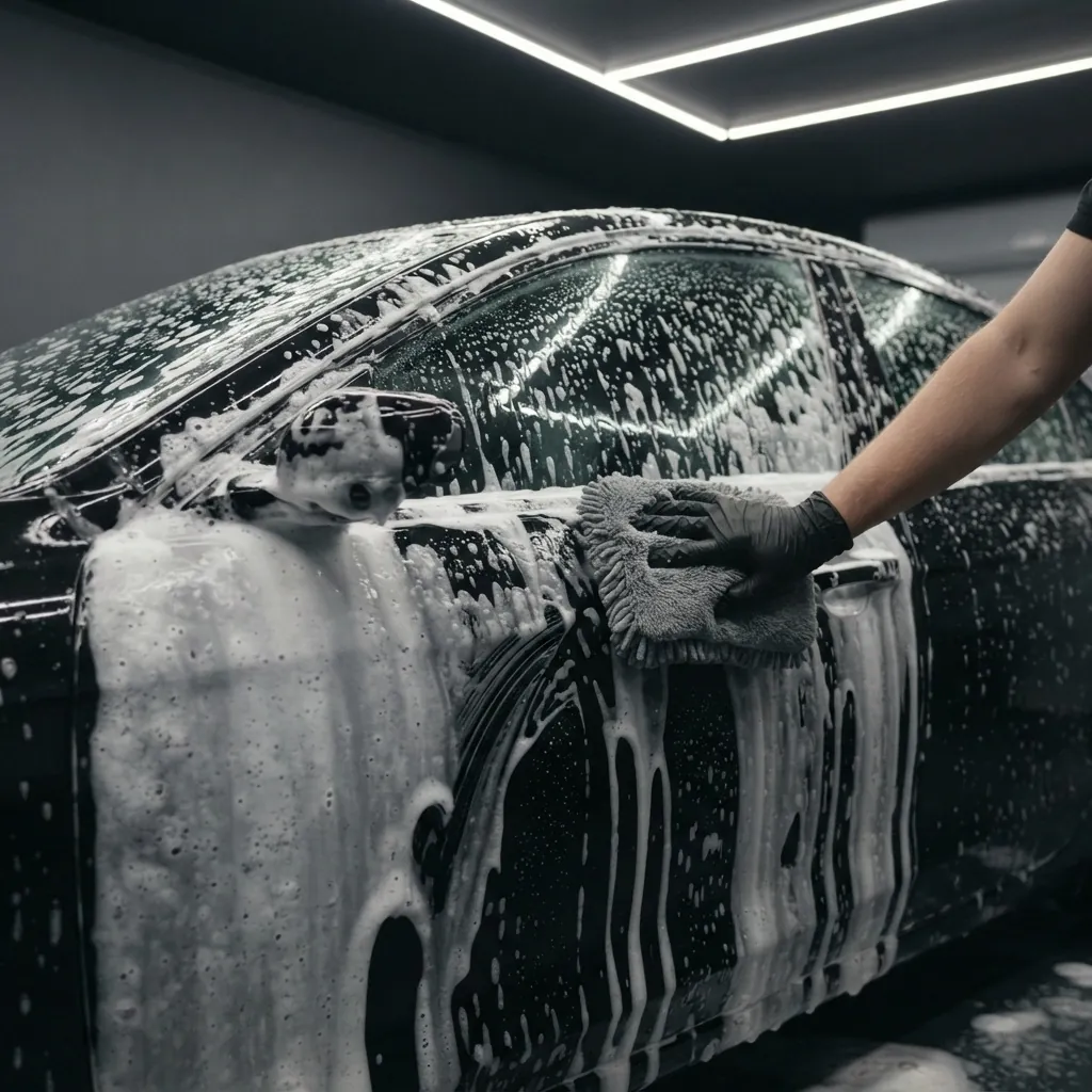 Lavage à la mousse active d'une carrosserie noire