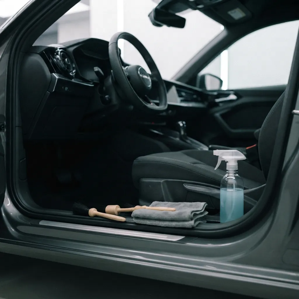 Habitacle d'Audi A1 fraîchement nettoyé, pinceaux, microfibre et pulvérisateur posés sur le seuil de porte