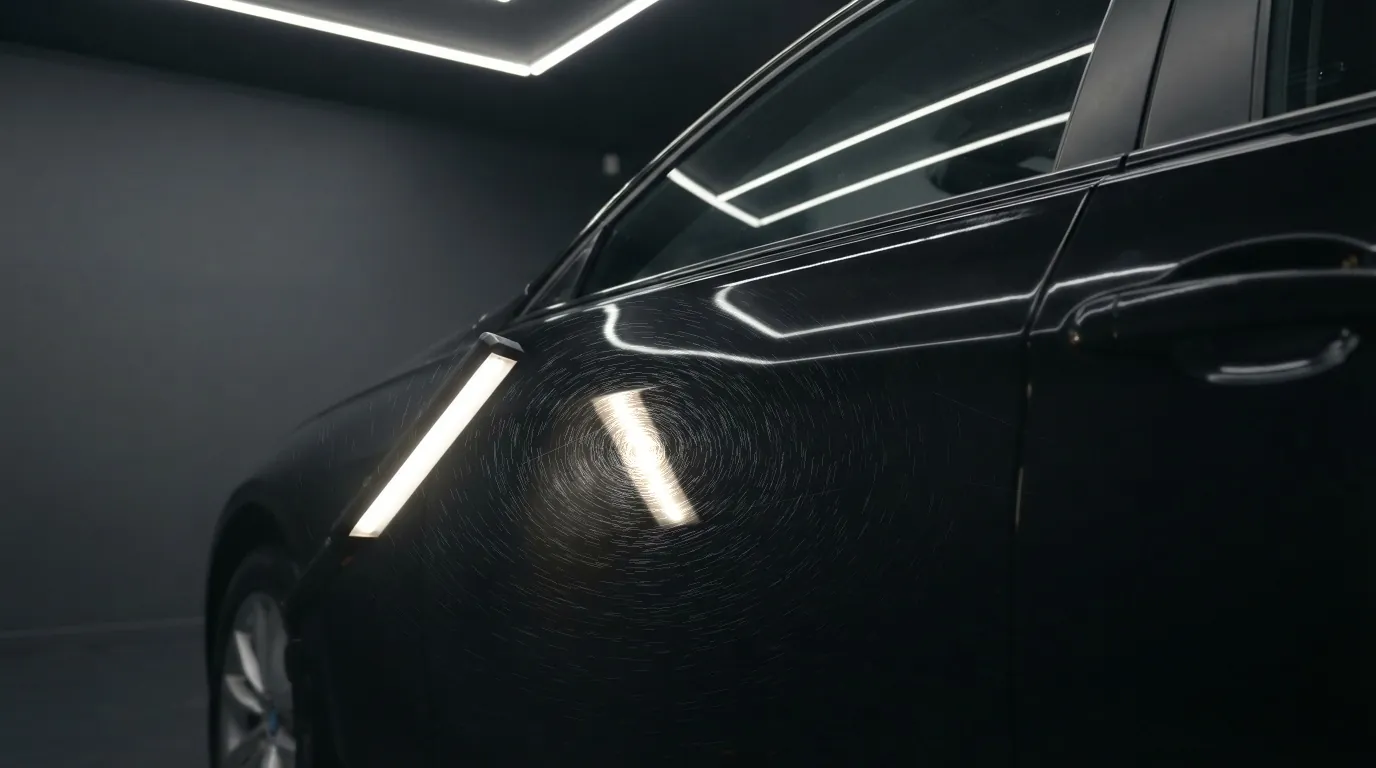 Portière noire avant polissage : micro-rayures et hologrammes visibles sous la lumière