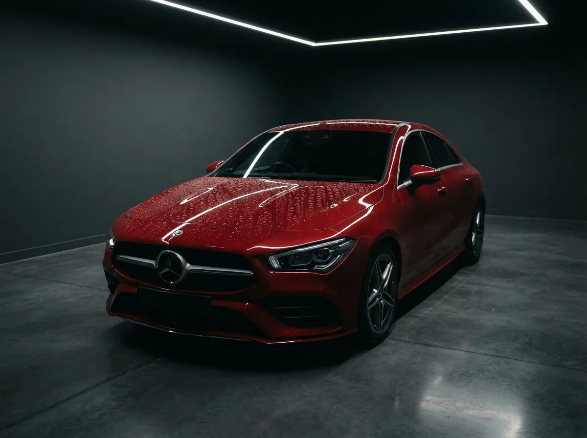 Mercedes CLA rouge après correction et protection céramique, gouttes d'eau qui perlent sur le capot