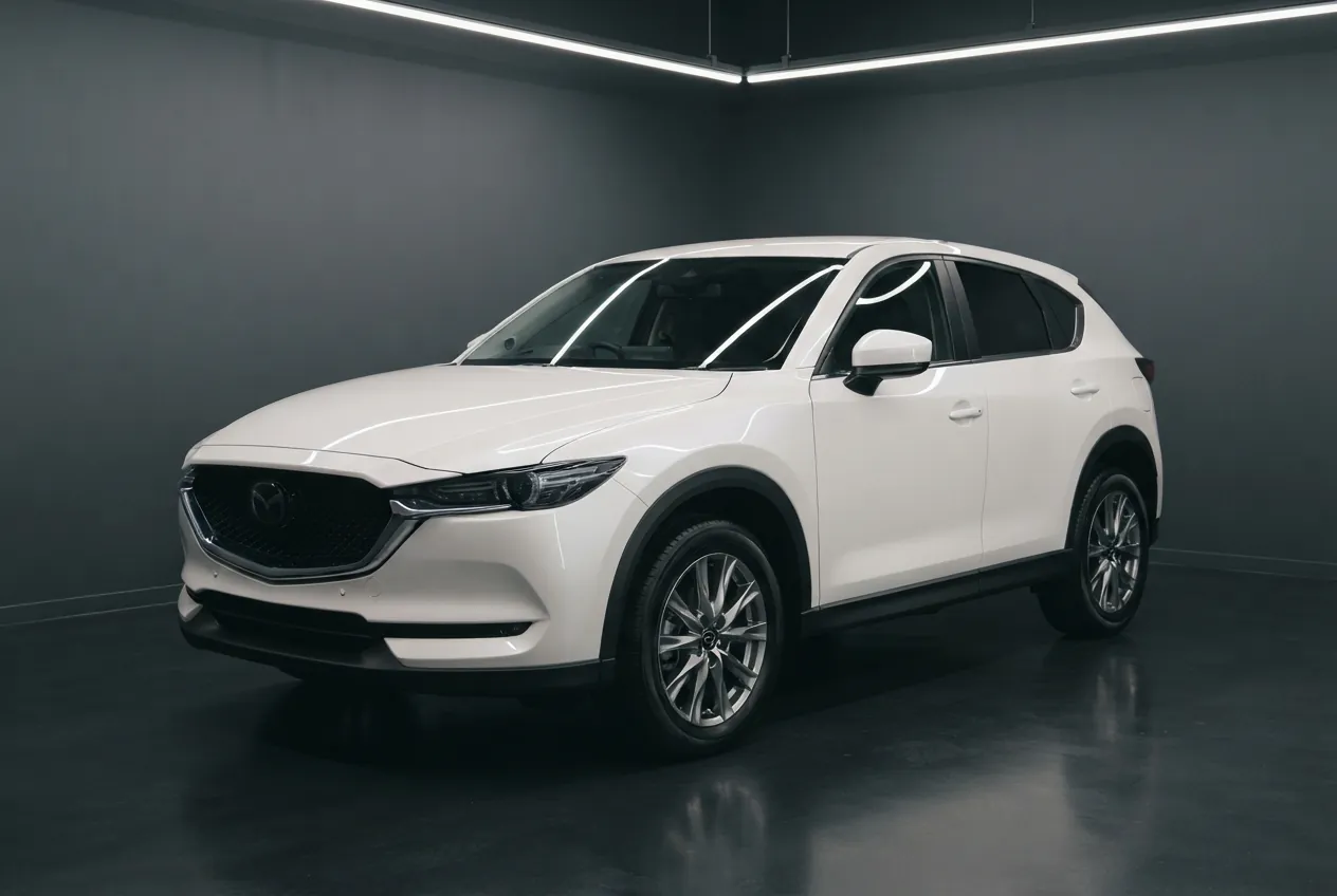 Mazda CX-5 blanc nacré après la formule Signature, sous la lumière du studio