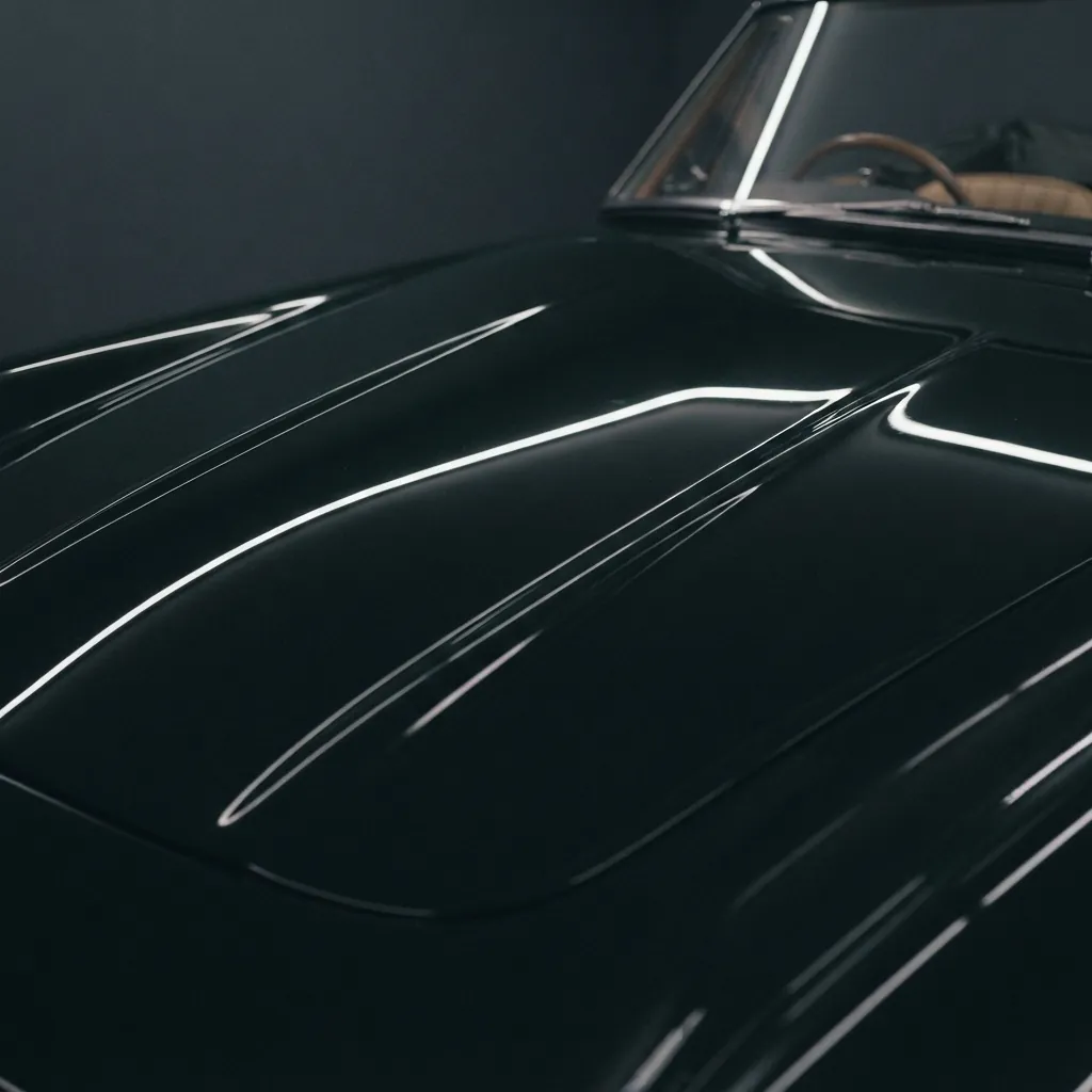 Reflet des néons du studio dans un capot noir parfaitement corrigé