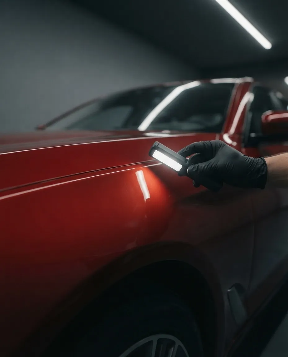 Main gantée qui inspecte une carrosserie à la lampe