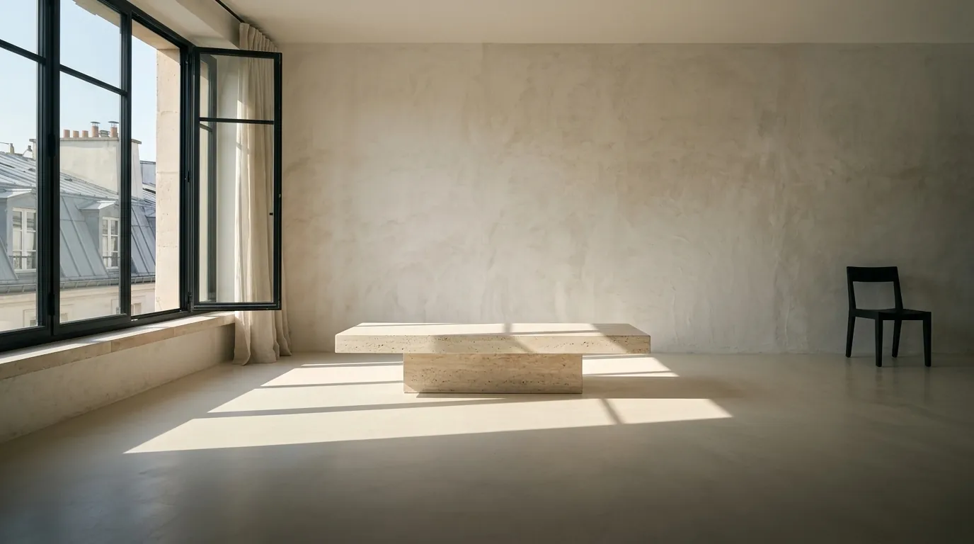Séjour minimal en béton ciré et travertin, traversé par la lumière rasante d'une grande baie