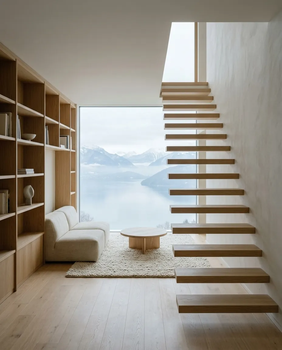 Villa Nør à Annecy : salon en chêne clair ouvert sur le lac