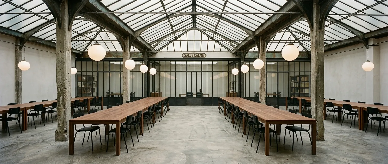 Studio 24 à Paris : plateau de travail en béton brut et tables en bois