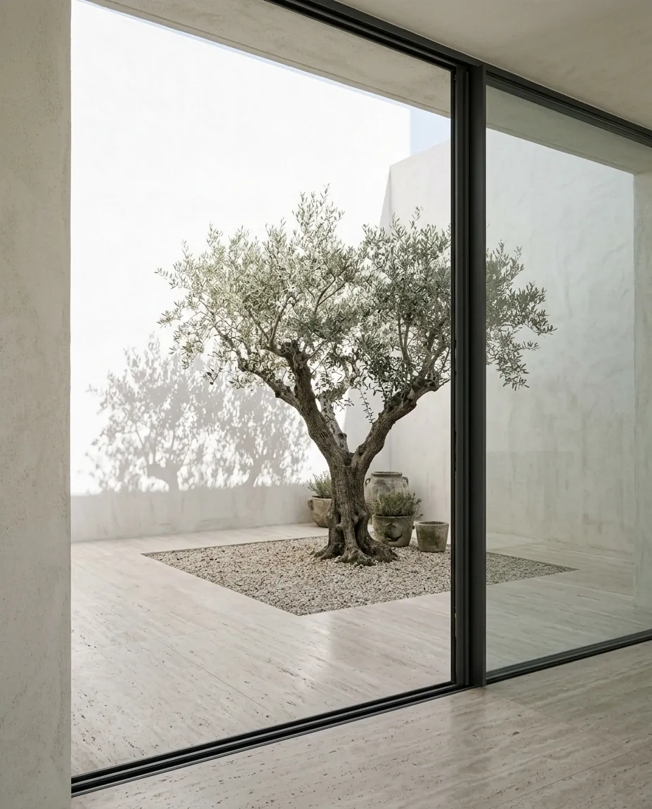 Casa Luma : patio intérieur, mur chaulé et olivier