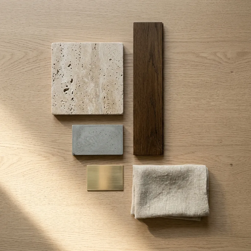 Échantillons de pierre, de bois et de lin posés sur la table du studio
