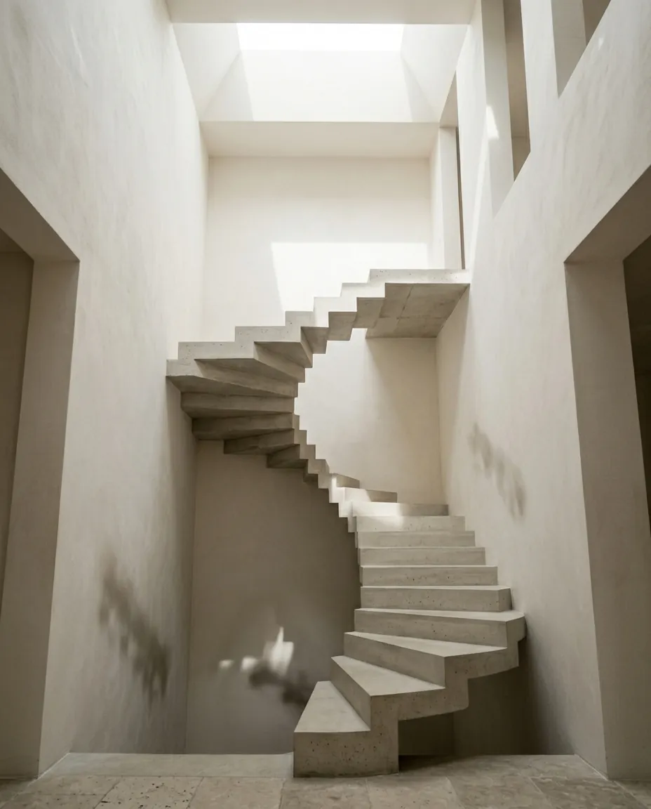 Escalier en béton sculpté dans un volume double hauteur