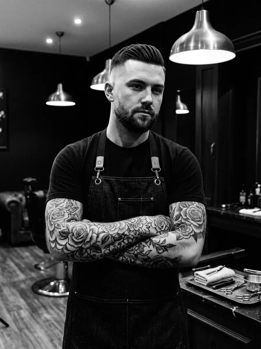 Alex, barbier fondateur de Street Barber, bras croisés