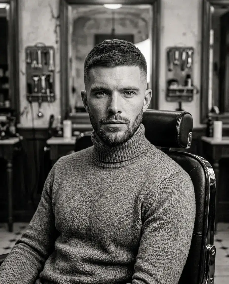 Après : dégradé bas net, texture courte, barbe taillée