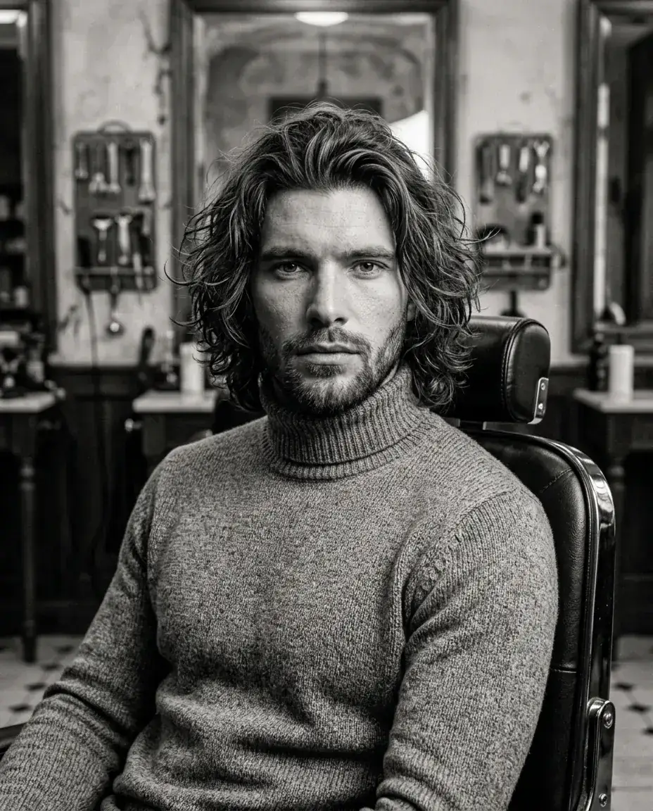 Avant : cheveux mi-longs ondulés et barbe non taillée