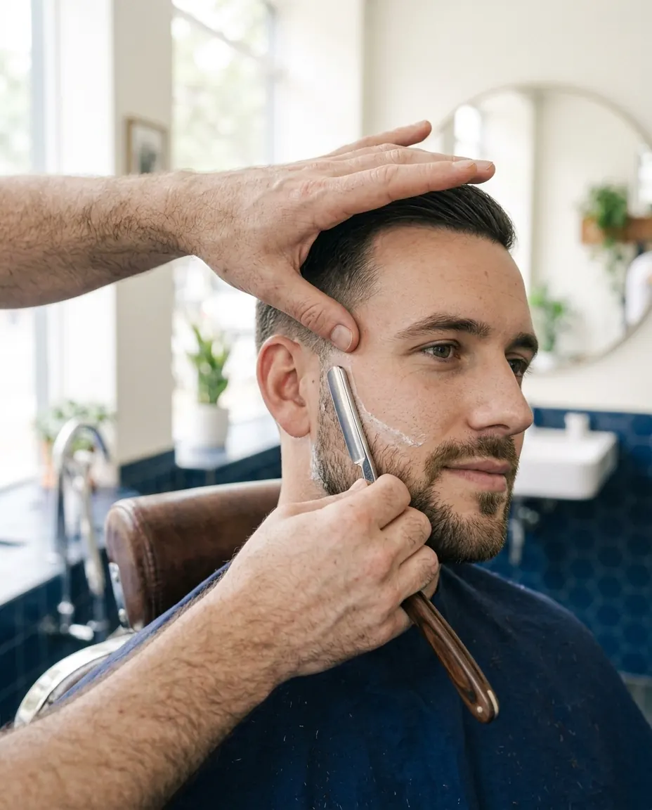 Contour de barbe tracé au rasoir droit