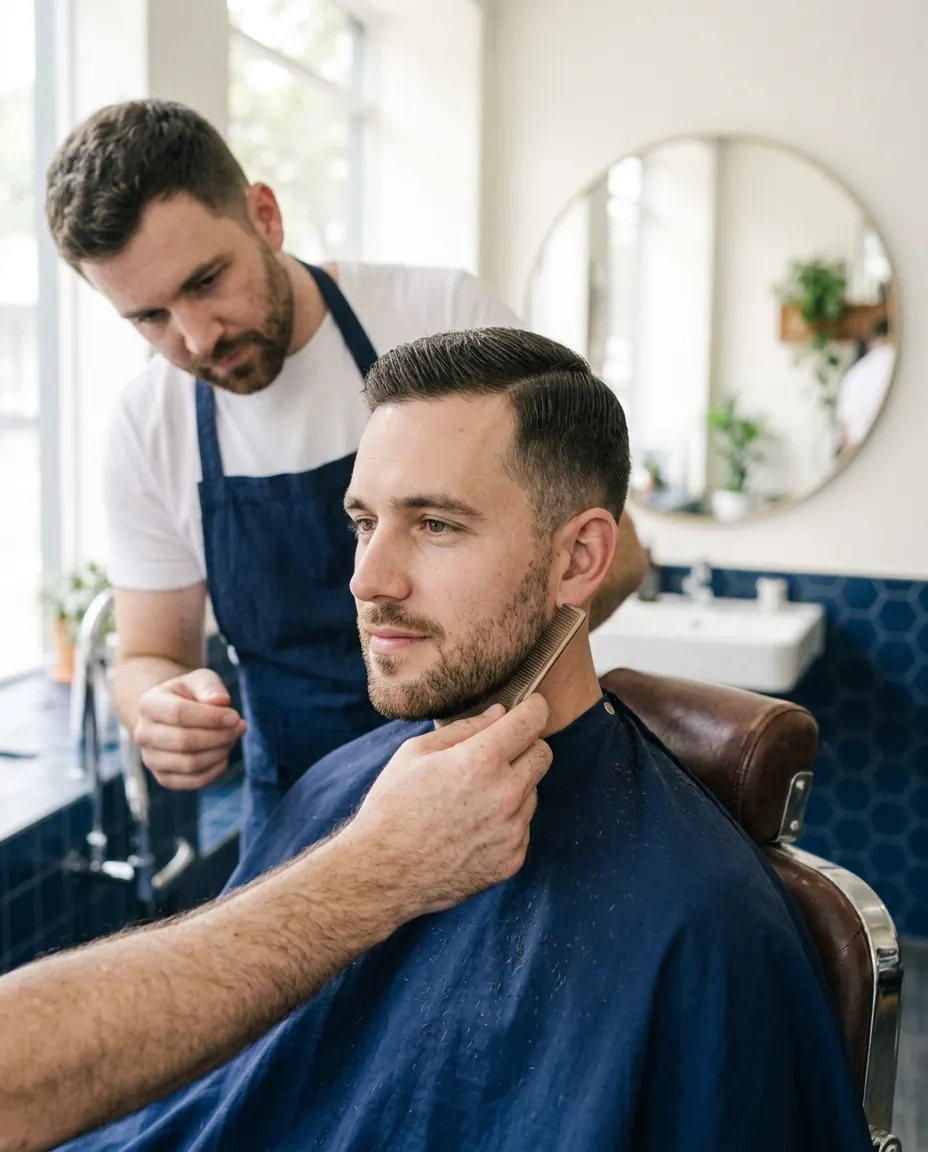 Le barbier ajuste la barbe d'un client au peigne