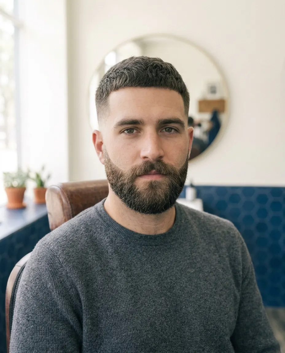Coupe crop courte avec barbe pleine taillée