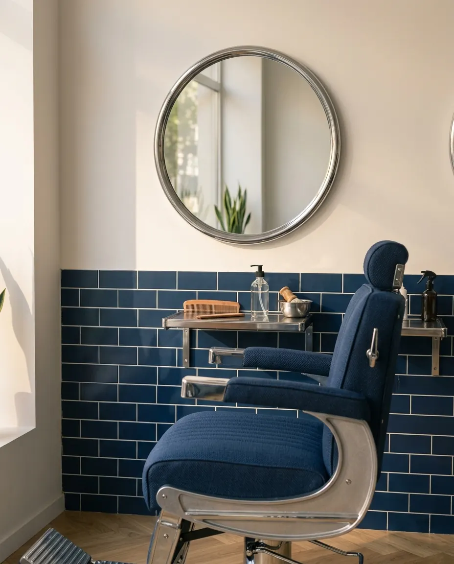Fauteuil de barbier bleu marine face à un miroir rond