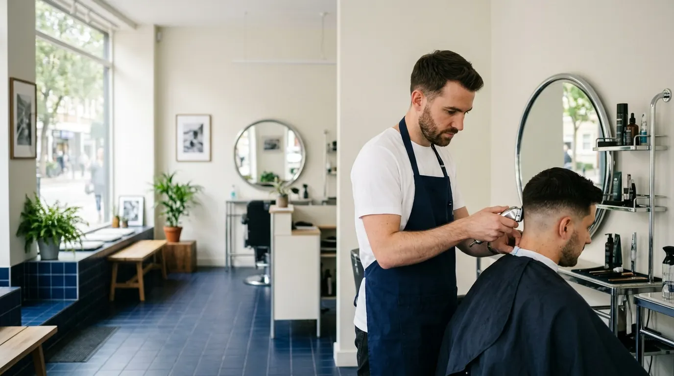 Le barbier de Street Barber réalise un dégradé à la tondeuse dans le salon lumineux