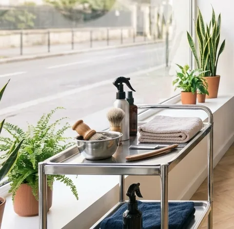 Desserte en inox avec blaireau, bol, serviettes et vaporisateurs