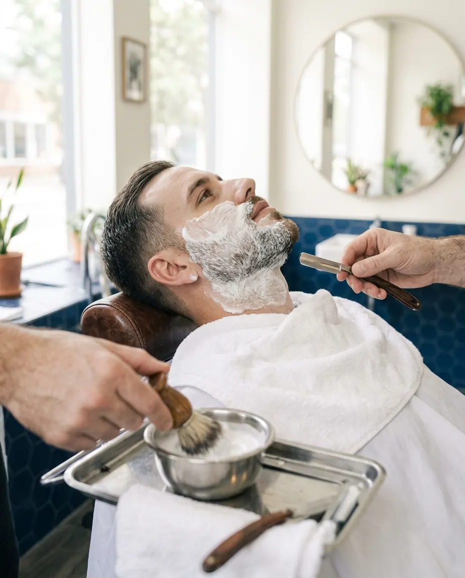 Rasage traditionnel à la mousse et au rasoir droit