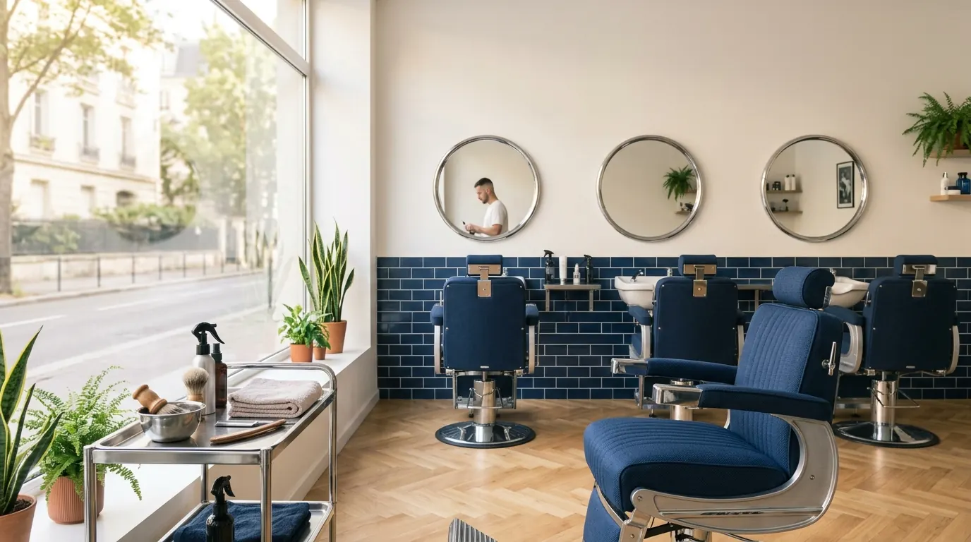 Le salon : fauteuils bleu marine, miroirs ronds et grande vitrine