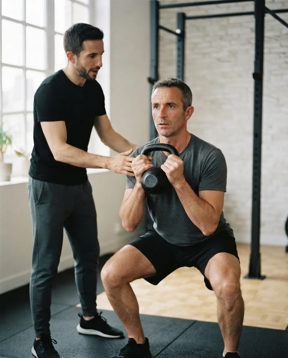 Antoine corrige la posture d'un client pendant un squat avec kettlebell