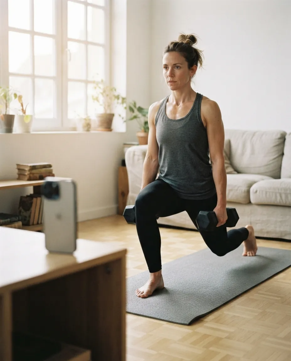 Cliente qui s'entraîne chez elle avec des haltères, suivie à distance
