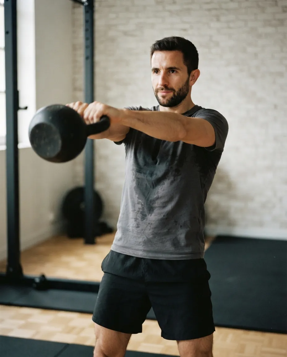 Thomas, 41 ans, pendant un balancé de kettlebell