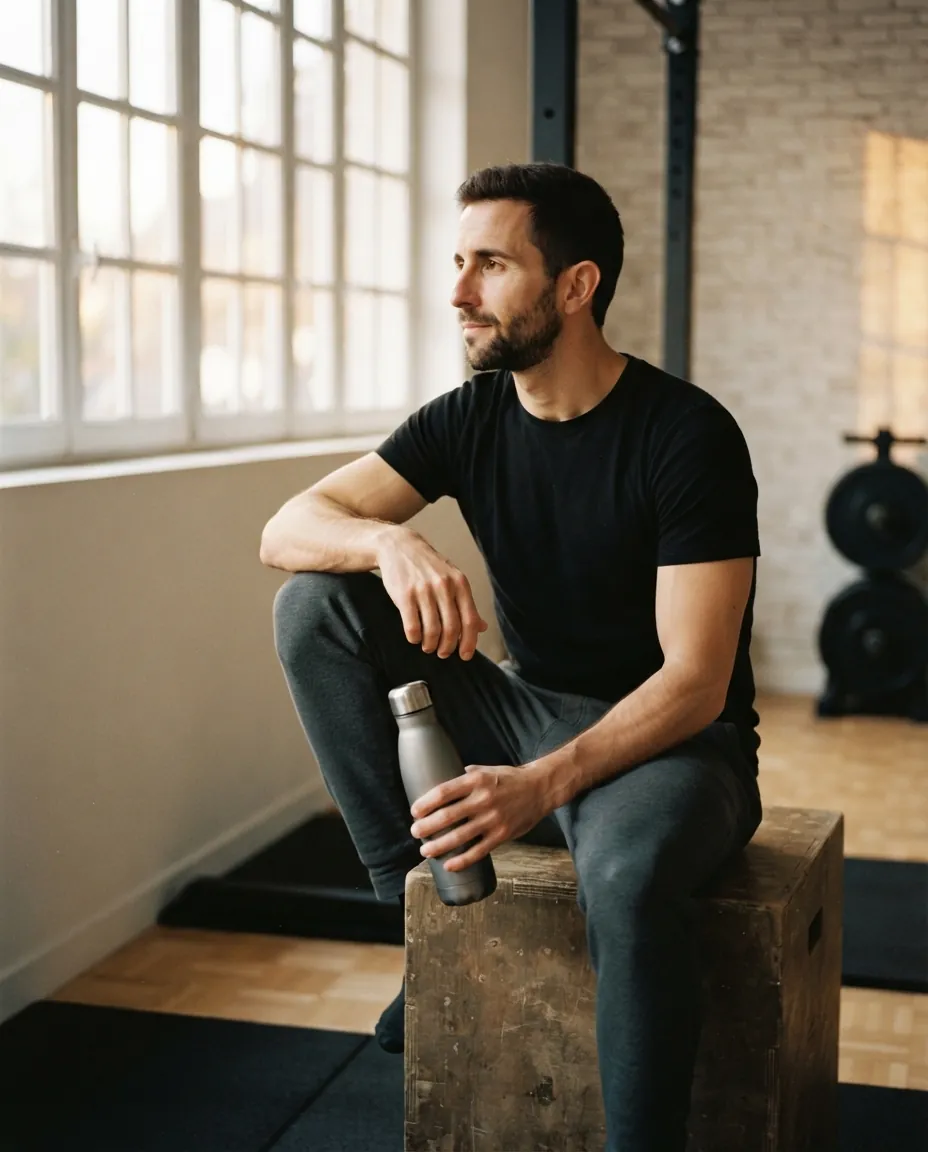Portrait d'Antoine Delmas assis dans le studio en fin de journée