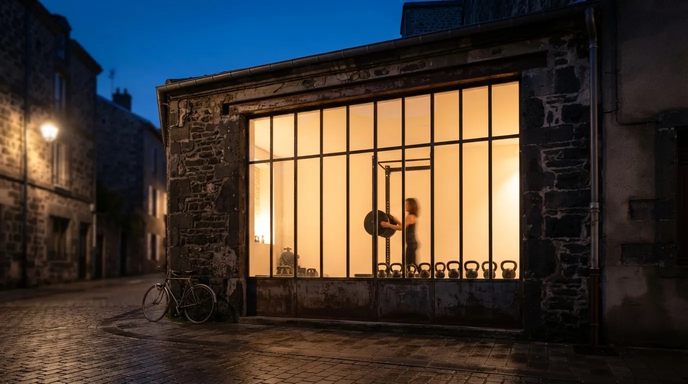 La verrière éclairée du studio à la tombée de la nuit