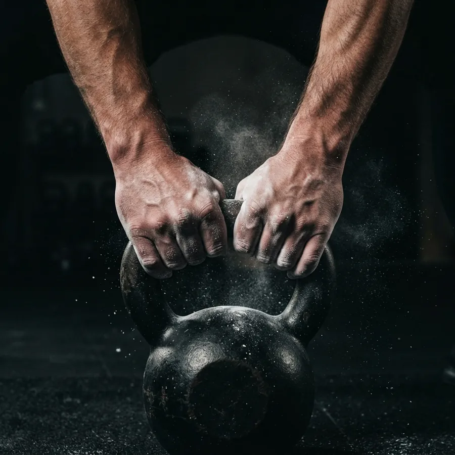 Mains couvertes de magnésie qui saisissent une kettlebell