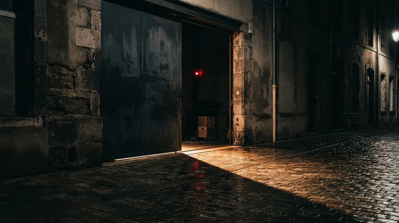 L'entrée du centre VOLTE de nuit, porte entrouverte sur une rue pavée